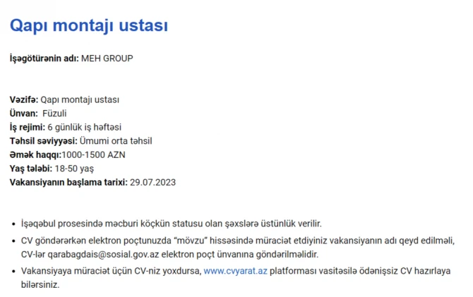 Qarabağda işləmək istəyənlərin NƏZƏRİNƏ! - Maaş 2300 AZN-dək