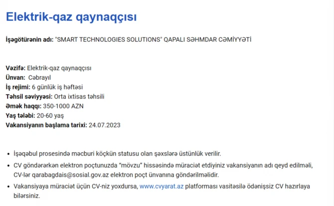 Qarabağda işləmək istəyənlərin NƏZƏRİNƏ! - Maaş 2300 AZN-dək