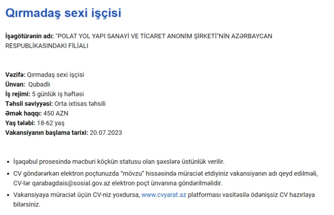 Qarabağda işləmək istəyənlərin NƏZƏRİNƏ! - Maaş 2300 AZN-dək