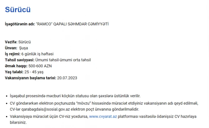 Qarabağda işləmək istəyənlərin NƏZƏRİNƏ! - Maaş 2300 AZN-dək
