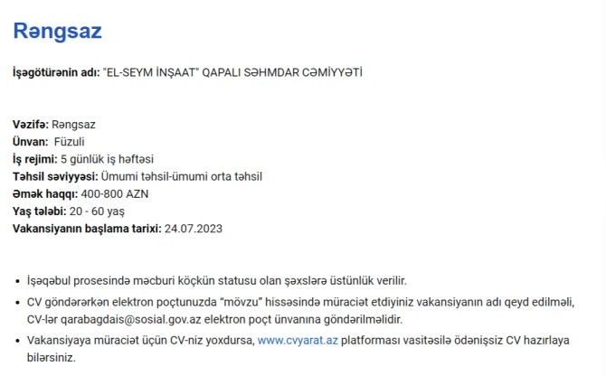 Qarabağda işləmək istəyənlərin NƏZƏRİNƏ! - Maaş 2300 AZN-dək