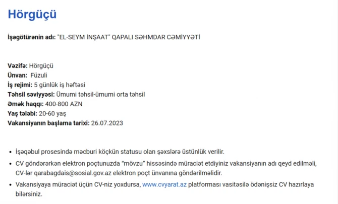 Qarabağda işləmək istəyənlərin NƏZƏRİNƏ! - Maaş 2300 AZN-dək