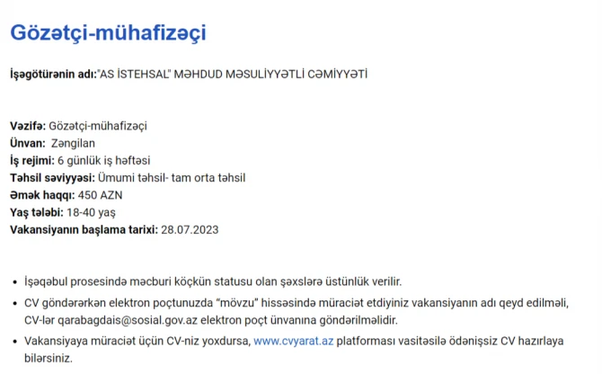 Qarabağda işləmək istəyənlərin NƏZƏRİNƏ! - Maaş 2300 AZN-dək