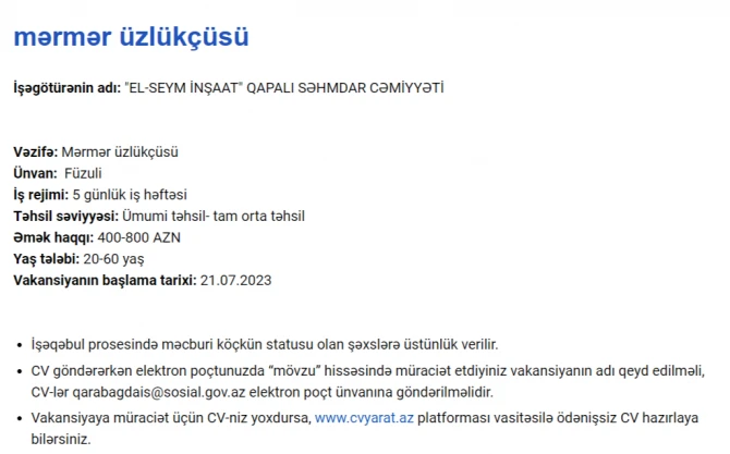 Qarabağda işləmək istəyənlərin NƏZƏRİNƏ! - Maaş 2300 AZN-dək