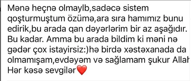 Sevda Ələkbərzadədən SƏHHƏTİ İLƏ BAĞLI AÇIQLAMA - FOTO