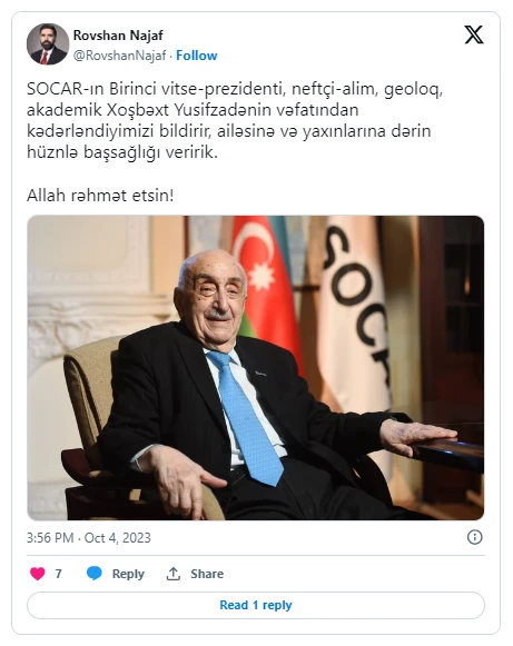 Rövşən Nəcəf akademik Xoşbəxt Yusifzadənin vəfatı ilə bağlı başsağlığı verib - FOTO