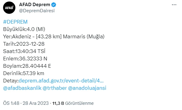 Türkiyənin daha bir şəhərində 4 bal gücündə zəlzələ olub