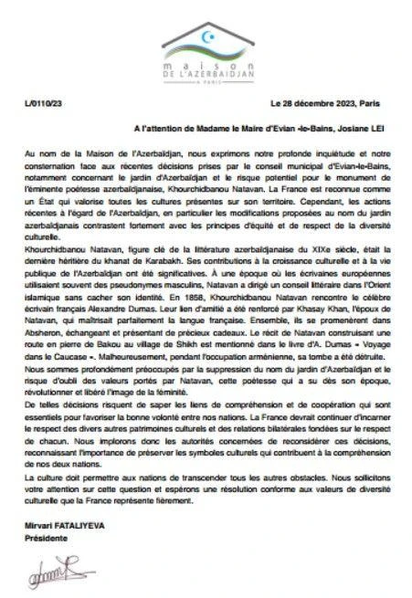 Parisdəki Azərbaycan Evi Xurşidbanu Natəvanın abidəsi ilə bağlı şəhər meriyasına müraciət edib