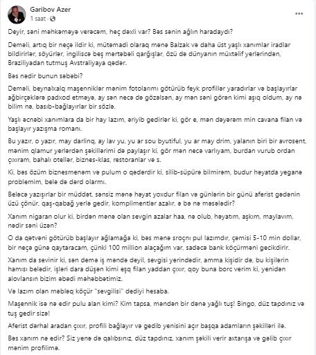 Azər Qəribə qarşı DƏLƏDUZLUQ - Adından istifadə edib xanımlara eşq elan edildi - FOTO