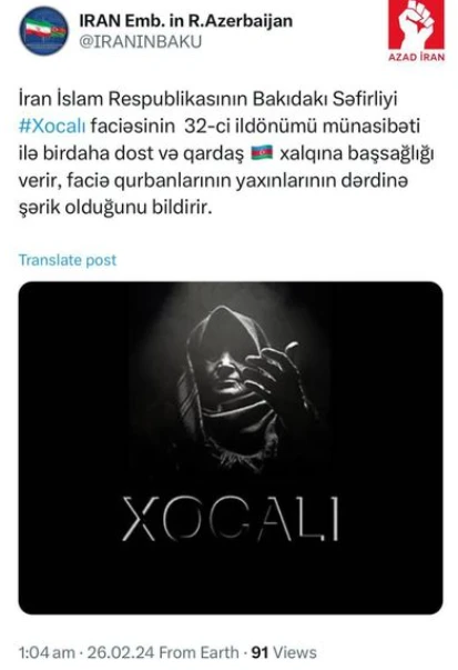 İranın Azərbaycandakı səfirliyi Xocalı soyqırımı ilə bağlı paylaşım edib - FOTO
