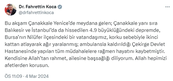 Bursada 4.9 ballıq zəlzələnin qorxusundan özünü 2-ci mərtəbədən atan adam ölüb - FOTO