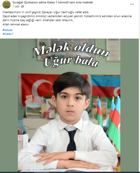 Altıncı sinif şagirdi onkoloji xəstəlikdən vəfat etdi - FOTO