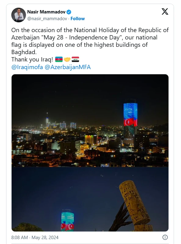 Bağdadın ən hündür binalarından biri Azərbaycan bayrağı ilə işıqlandırıldı - FOTO