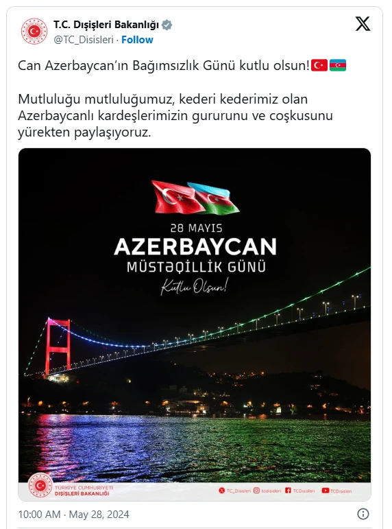 Türkiyə XİN-dən 28 May - Müstəqillik Günü ilə bağlı paylaşım - FOTO
