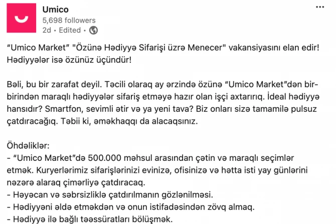 Bu vakansiya xəyal deyil, gerçəkdir! “Umico.az”ın yeni elanı hamını şoka salıb - FOTO