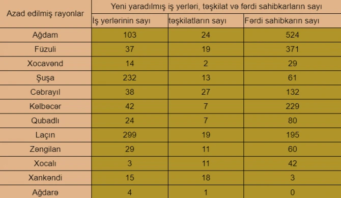 Azad edilmiş ərazilərdə yeni yaradılmış iş yerlərinin sayı açıqlanıb - SİYAHI
