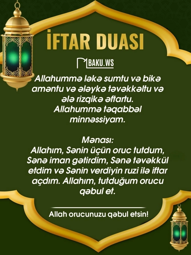 İftar vaxtı - 14 mart 2026: Ramazanın 24-cü günü