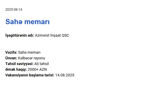 Qarabağda işləmək istəyənlərin NƏZƏRİNƏ! - Maaş 3000 AZN-dək Qarabağda işləmək istəyənlərin NƏZƏRİNƏ! - Maaş 3000 AZN-dək