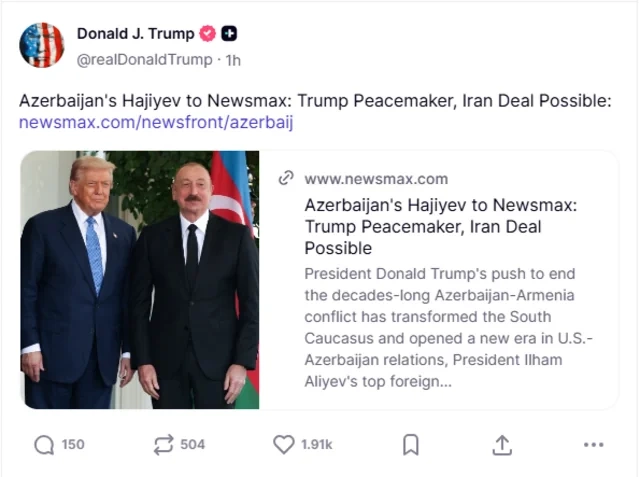 Donald Trump shared an interview with Hikmet Hajiyev