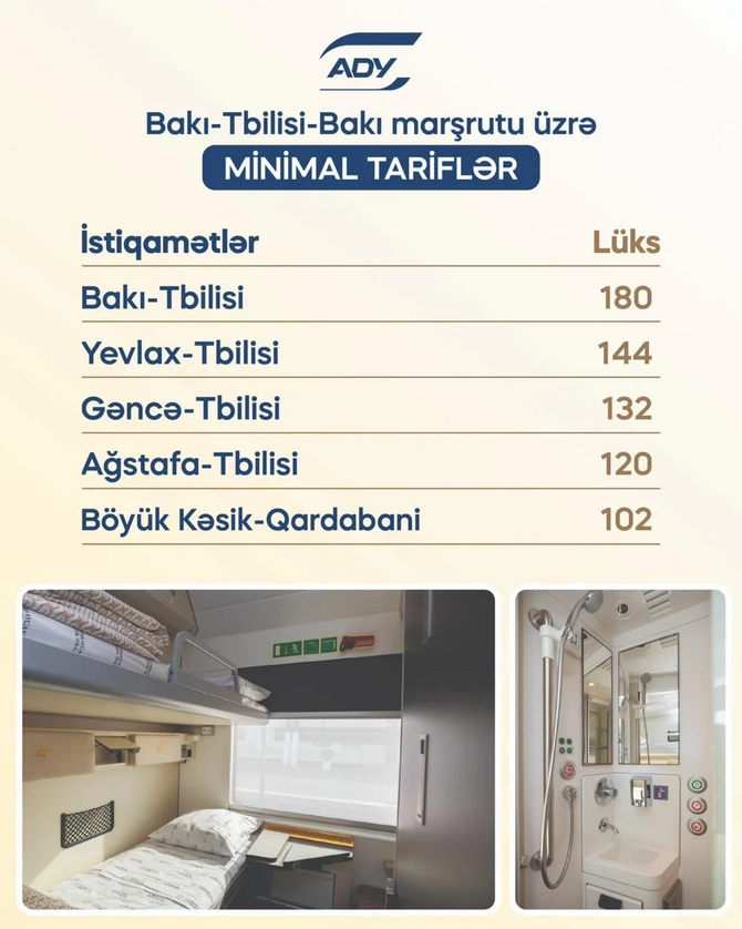 Bakı–Tbilisi–Bakı qatarında siniflər üzrə gediş QİYMƏTLƏRİ - 180 manat
