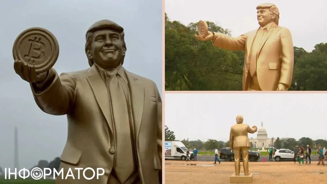 A gigantic golden monument with a bitcoin coin in his hands was erected for Trump
