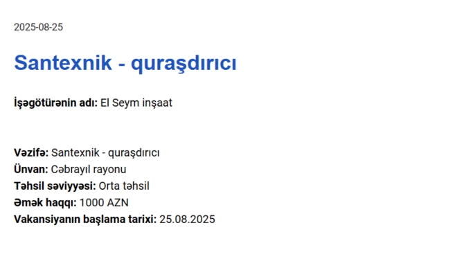 Qarabağda işləmək istəyənlərin NƏZƏRİNƏ! - Maaş 3000 AZN-dək Qarabağda işləmək istəyənlərin NƏZƏRİNƏ! - Maaş 3000 AZN-dək