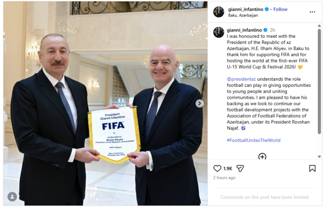 Canni İnfantino İlham Əliyevlə görüşündən paylaşım etdi
