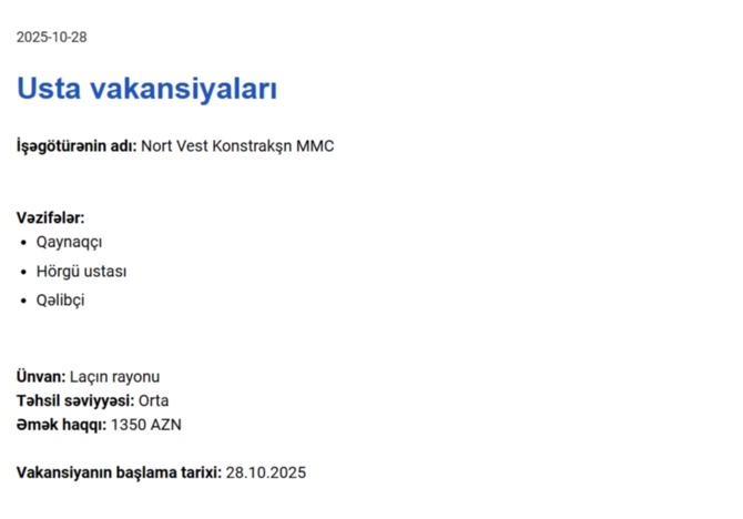 Qarabağda işləmək istəyənlərin NƏZƏRİNƏ! - Maaş 1500 AZN-dək