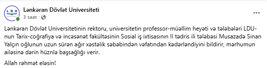 Azərbaycanda ikinci kurs tələbəsi vəfat etdi