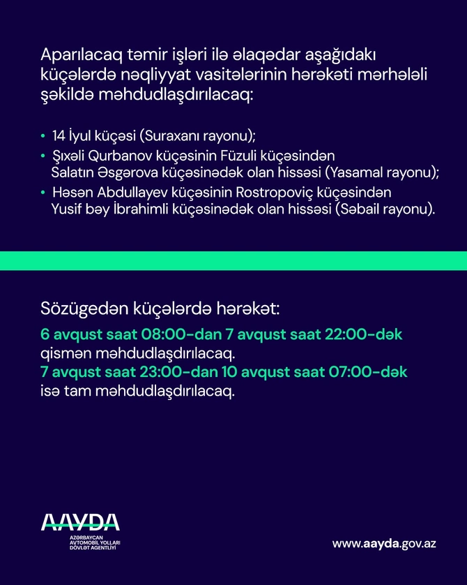 Sabahdan Bakıda bu yollar bağlanır - Təmir işlərinə başlanılır