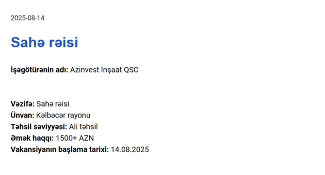 Qarabağda işləmək istəyənlərin NƏZƏRİNƏ! - Maaş 3000 AZN-dək Qarabağda işləmək istəyənlərin NƏZƏRİNƏ! - Maaş 3000 AZN-dək