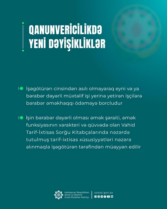 Yeni qanunla maaşla bağlı gender bərabərliyi daha dolğun təmin olunacaq - Nazirlik