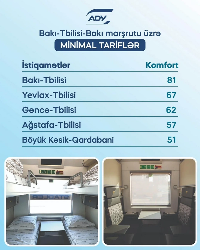 Bakı–Tbilisi–Bakı qatarında siniflər üzrə gediş QİYMƏTLƏRİ - 180 manat