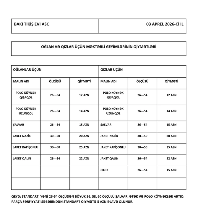 Məktəbli geyimlərinin builki qiymətləri və satış ünvanları - SİYAHI