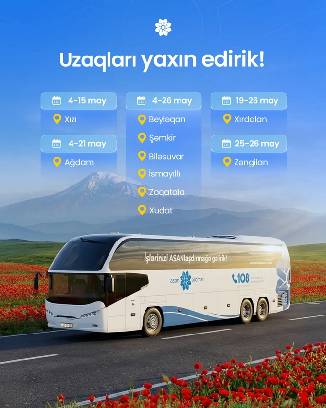 May ayında bu ərazilərdə səyyar ASAN xidmət fəaliyyət göstərəcək