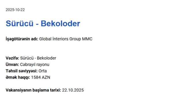 Qarabağda işləmək istəyənlərin NƏZƏRİNƏ! - Maaş 1500 AZN-dək