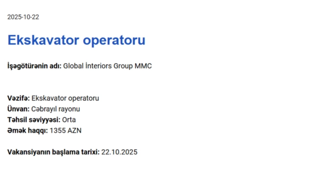 Qarabağda işləmək istəyənlərin NƏZƏRİNƏ! - Maaş 1500 AZN-dək