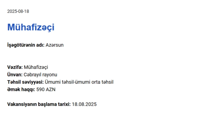 Qarabağda işləmək istəyənlərin NƏZƏRİNƏ! - Maaş 3000 AZN-dək Qarabağda işləmək istəyənlərin NƏZƏRİNƏ! - Maaş 3000 AZN-dək
