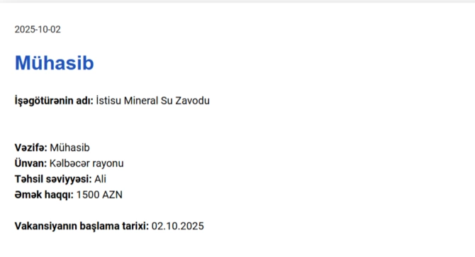 Qarabağda işləmək istəyənlərin NƏZƏRİNƏ! - Maaş 1500 AZN-dək