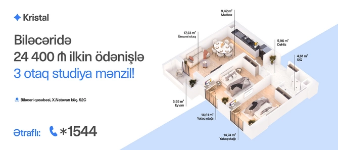 15%-dən başlayan ilkin ödənişlə Biləcəridə tam təmirli mənzil fürsəti - 