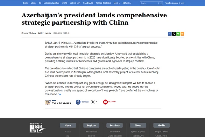 Çin agentliyi Prezident İlham Əliyevin yerli televiziya kanallarına müsahibəsindən yazıb