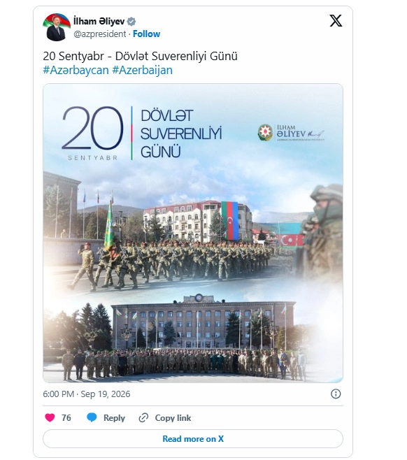 İlham Əliyevin sosial şəbəkə hesablarında Dövlət Suverenliyi Günü ilə bağlı paylaşım edilib