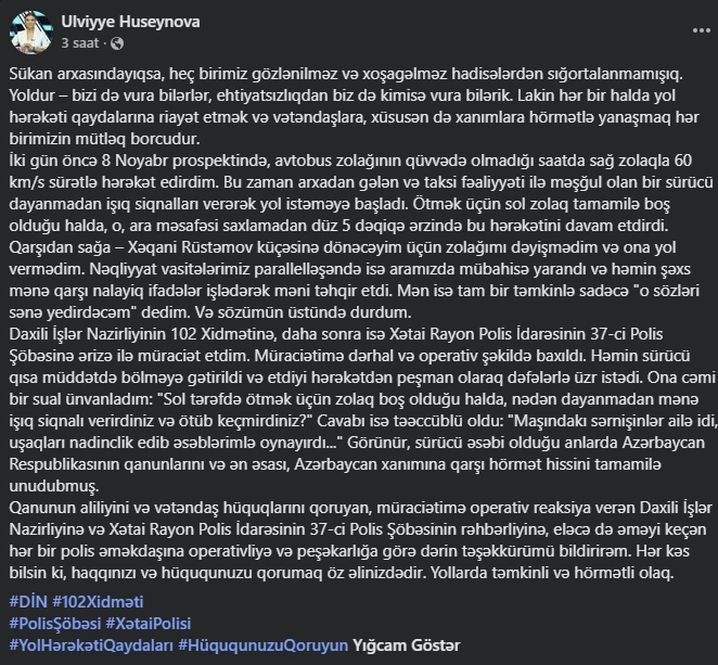 8 noyabr prospektində xanım sürücü ilə taksi sürücüsü arasında GƏRGİNLİK - Üzr istədi
