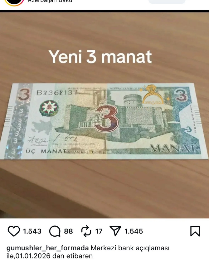 Yeni ildən Azərbaycanda 3 manat tədavülə buraxılacaq? - RƏSMİ