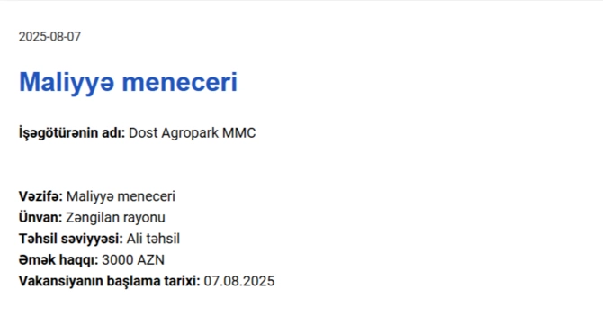 Qarabağda işləmək istəyənlərin NƏZƏRİNƏ! - Maaş 3000 AZN-dək Qarabağda işləmək istəyənlərin NƏZƏRİNƏ! - Maaş 3000 AZN-dək