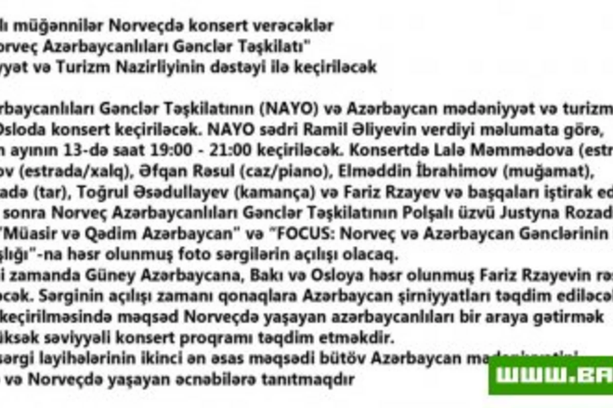 Azərbaycanlı müğənnilər Norveçdə konsert verəcəklər