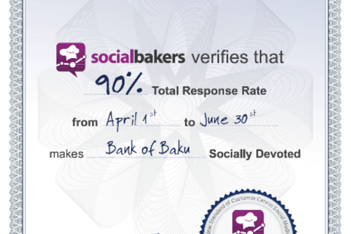 Facebook страница «Bank of Baku» удостоена сертификата международной службы  Socialbakers!