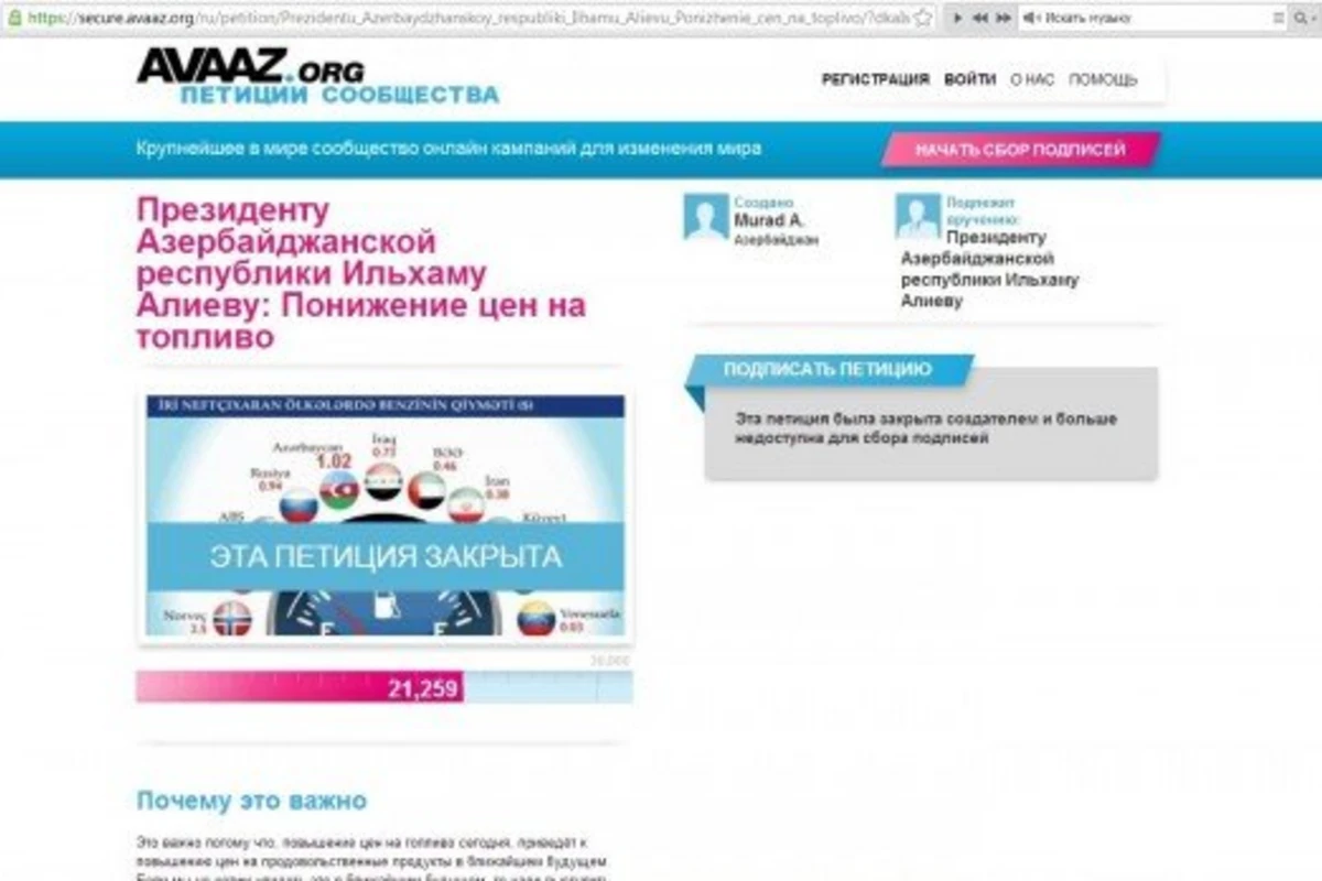 Закрыта петиция Президенту Азербайджанской республики Ильхаму Алиеву: понижение цен на топливо