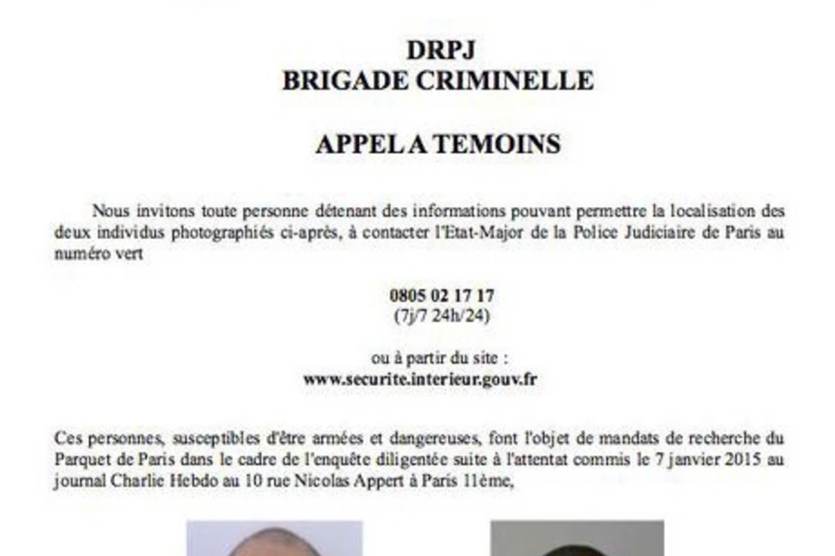 Опубликованы фото подозреваемых в совершении атаки на Charlie Hebdo
