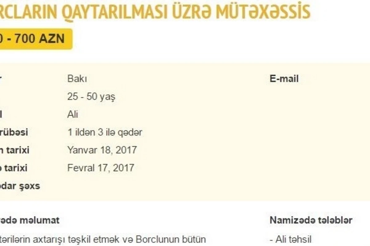 Banka borcu olanlardan pulu zorla almaq üçün işçi axtarılır - 700 AZN maaş Banka borcu olanlardan pulu zorla almaq üçün işçi axtarılır - 700 AZN maaş
